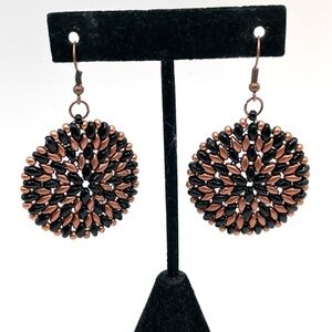 Czech Glass Beaded Black & Copper Round Boho Pierced Earrings